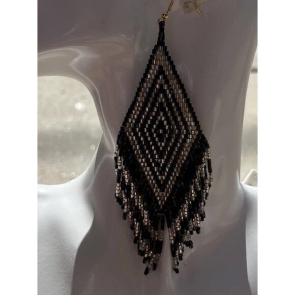 Vintage Long Black Clear Seed Bead Cluster Dangle Pierced Earrings Western 6” - Picture 1 of 13
